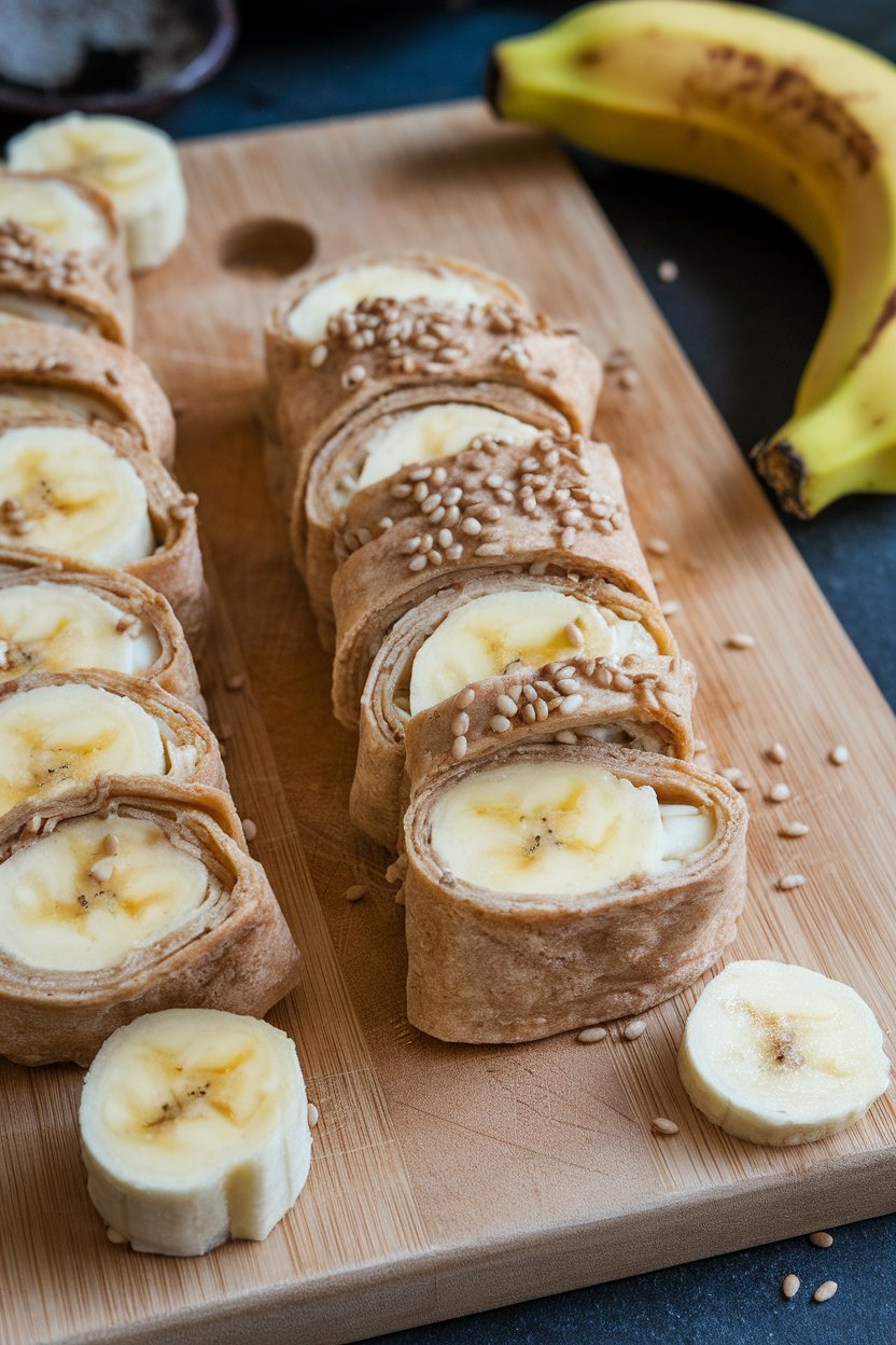 A cutting board indoors with banana segments rolled in a whole-wheat tortilla, sliced like sushi bites and topped with sesame seeds; no text or logos.