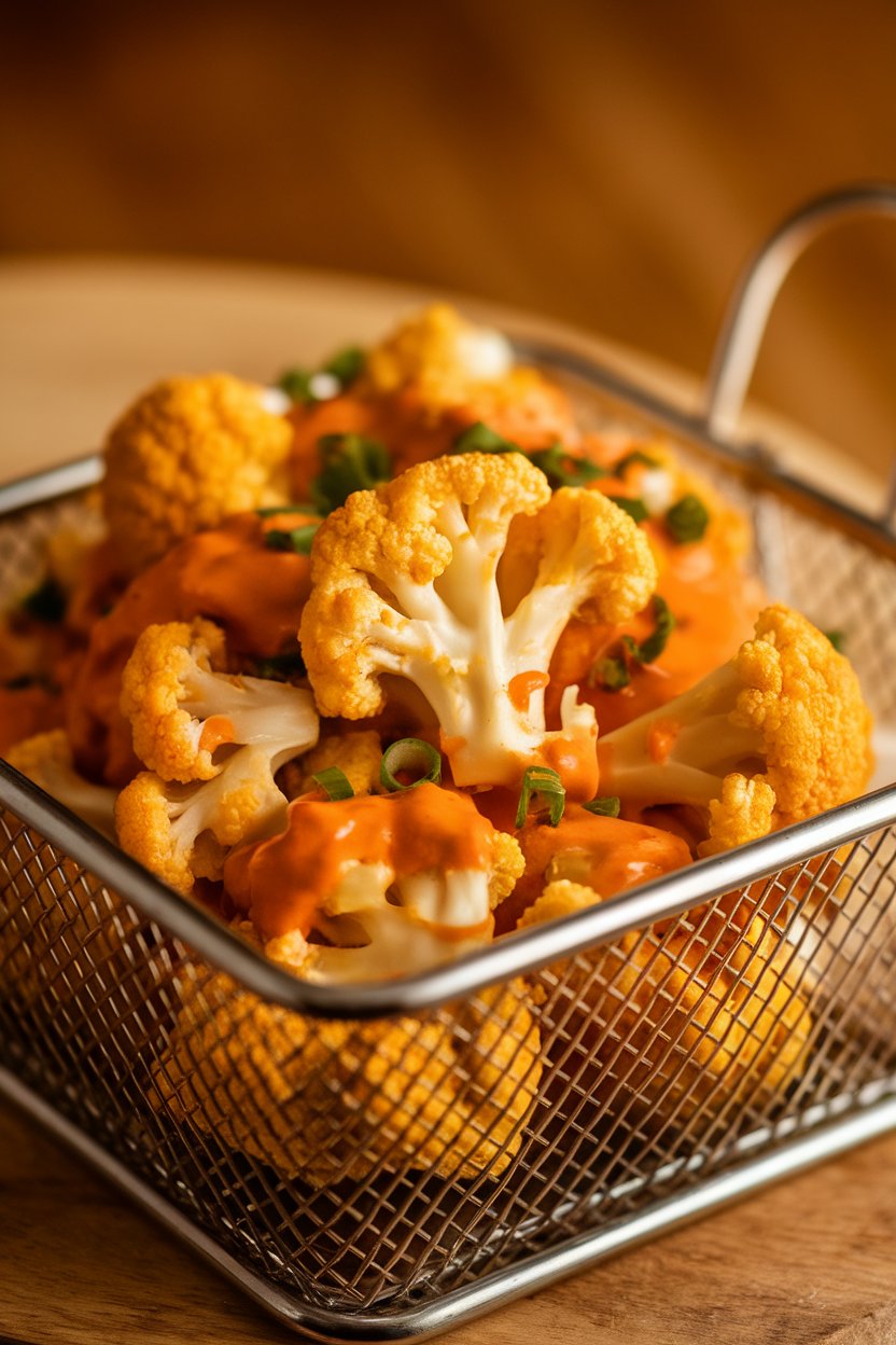Indoor photo of breaded cauliflower florets tossed in orange sauce, served in a metal basket. No text or logos anywhere.
