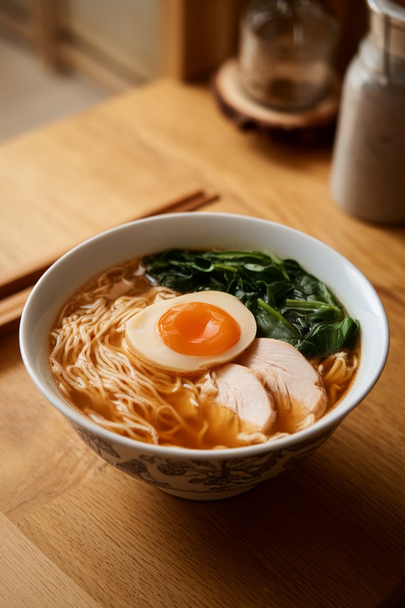Warm indoor photo of a ramen-style soup—soft noodles, sliced chicken, baby spinach, and a soy-ginger broth, topped with a jammy egg. No text or logos. Photo.