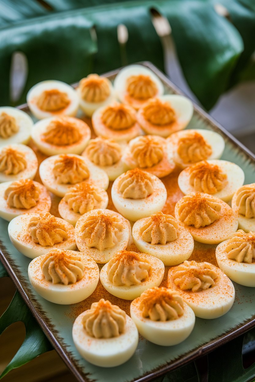 Indoor tabletop photo of halved deviled eggs dusted with paprika, arranged neatly on a platter. No visible text or logos.