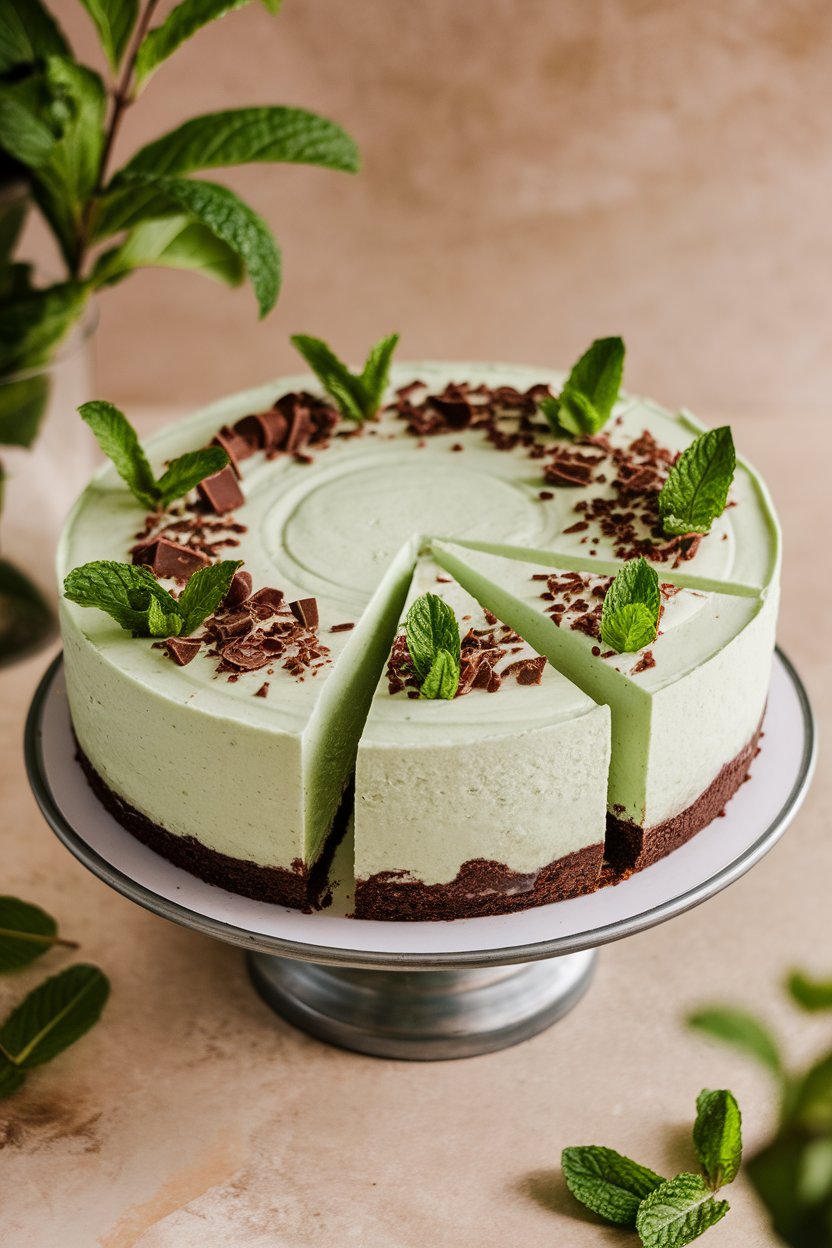A sliced mint brownie cheesecake on an indoor pedestal, showing dark brownie base topped with pale green cheesecake swirl. Photo only, no text or logos.