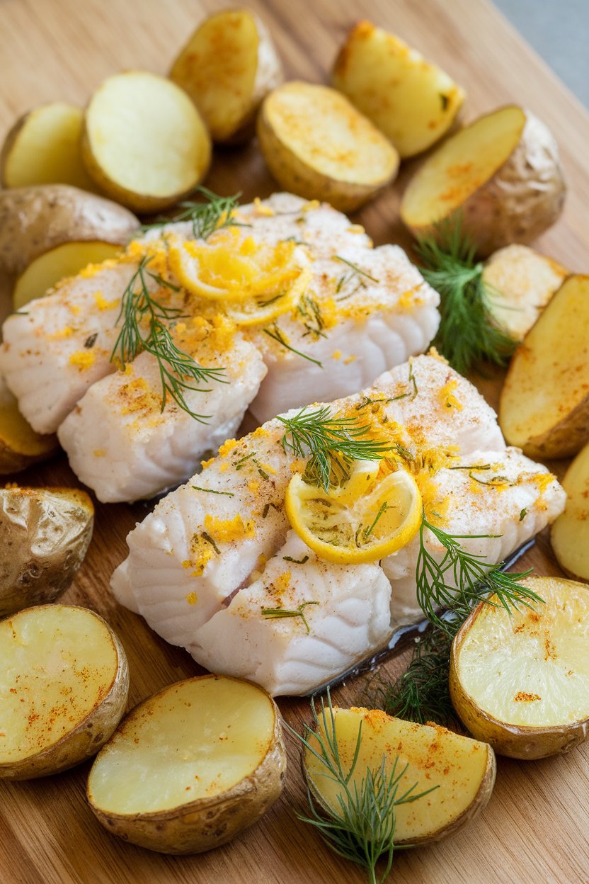 Indoor photo of flaky white haddock fillets topped with lemon zest and dill, nestled among halved roasted baby potatoes. No text or logos present.