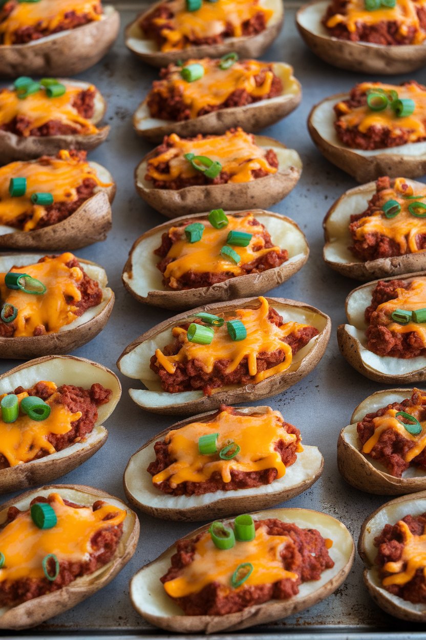 Indoor baking tray lined with crispy potato skins filled with chili and melted cheddar, a sprinkle of green onions on top. No text or logos.