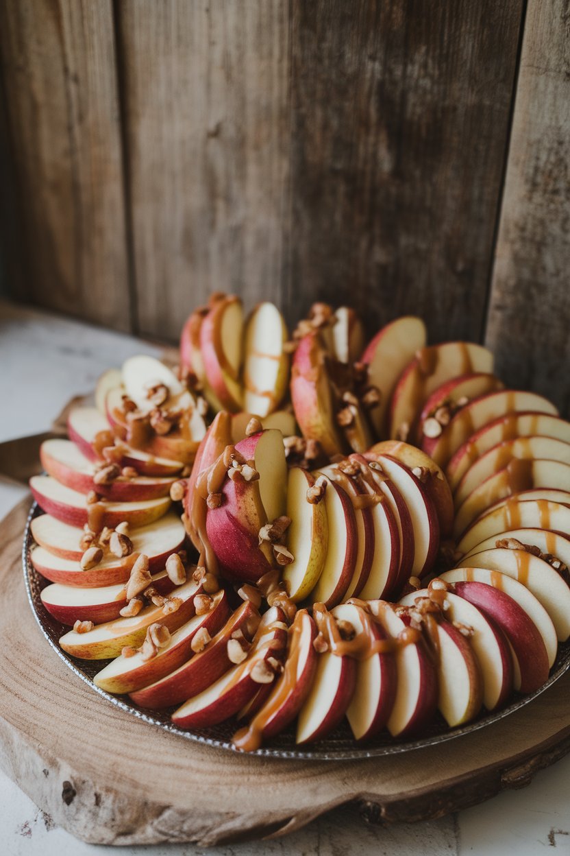 Indoor photo of sliced apples arranged like chips, drizzled with caramel sauce and sprinkled with chopped nuts on a platter; no text or logos