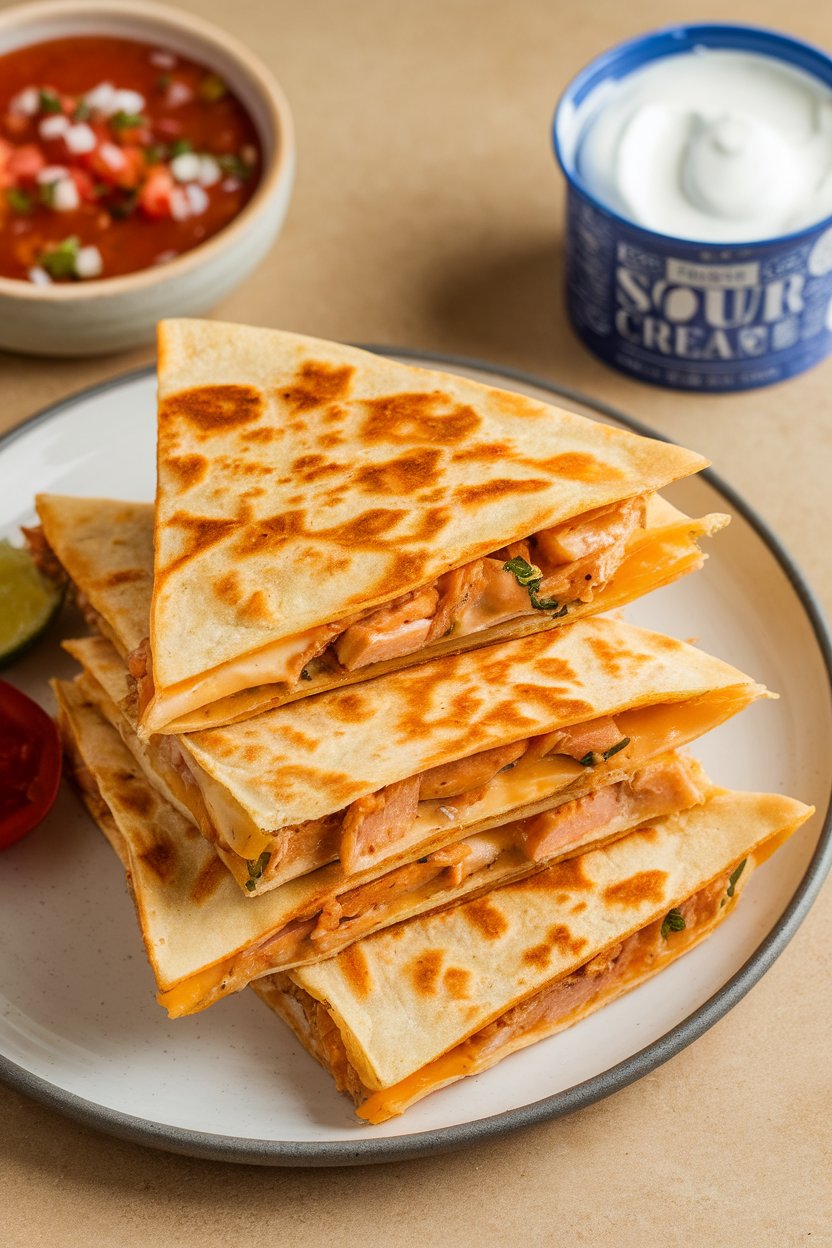Indoor photo of triangular chicken quesadilla wedges stacked on a plate, cheese visibly stretching, with salsa and sour cream nearby. No text or logos.