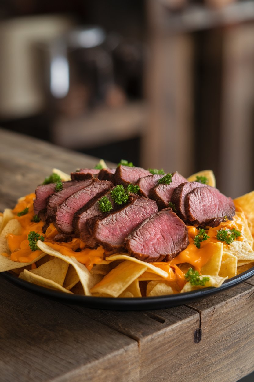 Indoor table featuring nachos with sliced garlic-butter steak, cheddar, and parsley; no text or logos, photo not illustration.