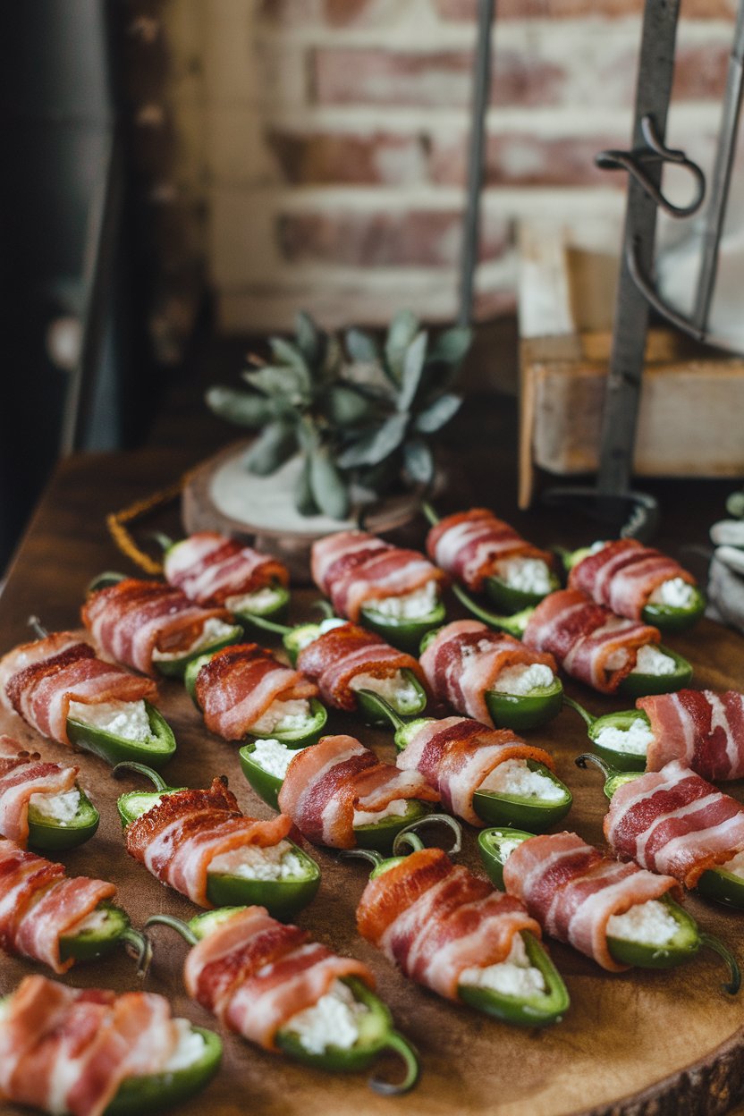 Indoor photo of jalapeño halves stuffed with cream cheese and wrapped in bacon, baked until golden, no text or logos.