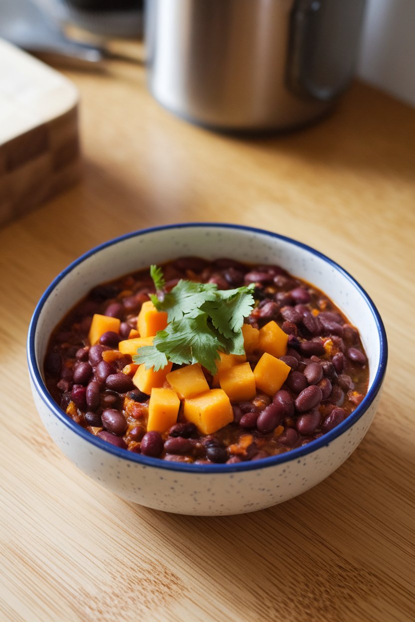 An indoor table featuring a colorful bowl of black bean chili dotted with bright cubes of butternut squash, topped with cilantro leaves. No logos or text present.