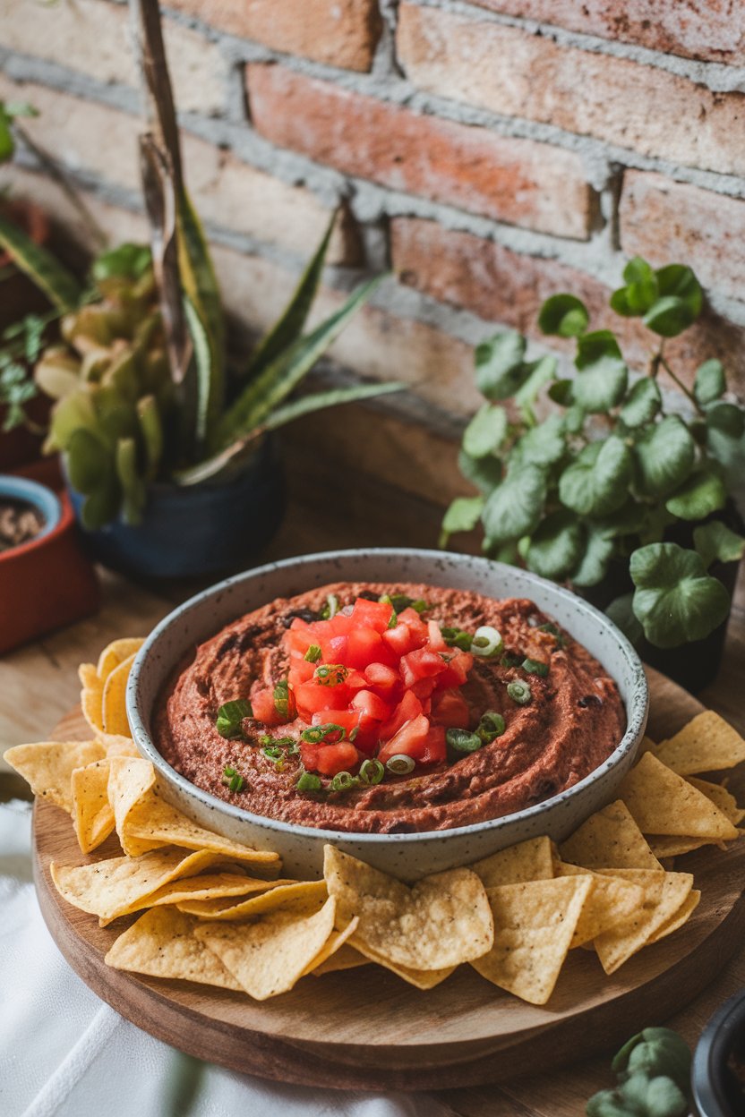 Indoor photo of a shallow bowl of smoky chipotle black bean dip topped with diced tomatoes and scallions, tortilla chips alongside. No text or logos.