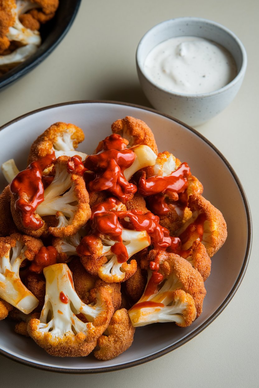 Indoor photo of breaded, oven-roasted cauliflower florets coated in a chili glaze, served in a shallow bowl with a small cup of ranch on the side. No text or logos.