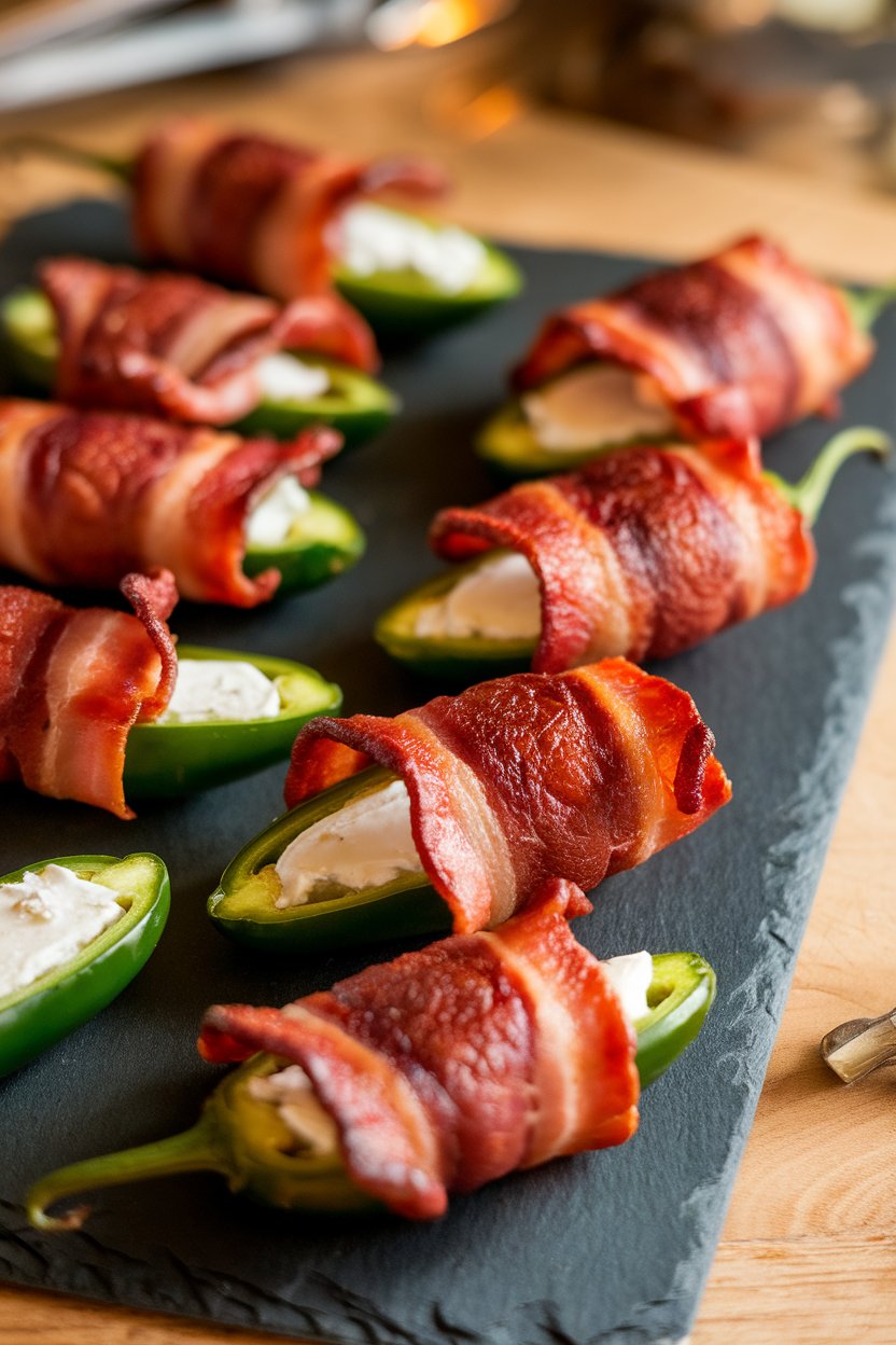 Indoor photo of halved jalapeños stuffed with cream cheese, wrapped in crispy bacon, and arranged on a slate board. Warm lighting, no text or logos.