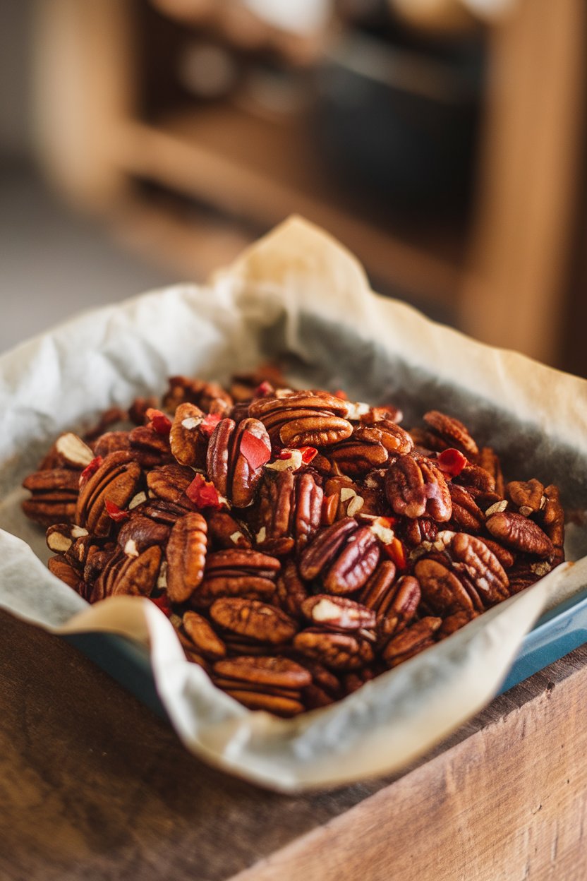 Indoor parchment-lined tray of glazed pecans with red pepper flakes, no text or logos