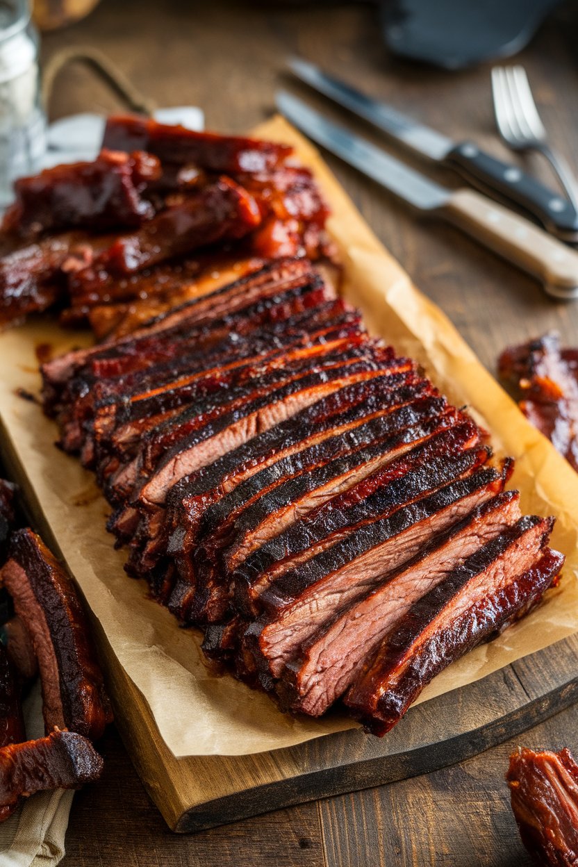 Indoor platter of glazed brisket burnt ends, caramelized edges visible, no text or logos