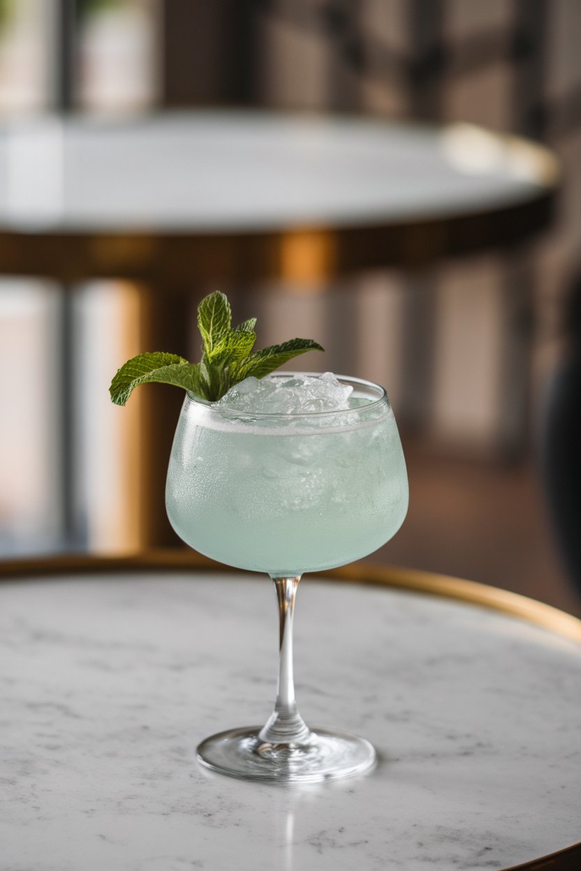 Indoor high-top table with a Collins glass holding pale aqua cocktail, mint sprig and crushed ice, no text or logos, photo