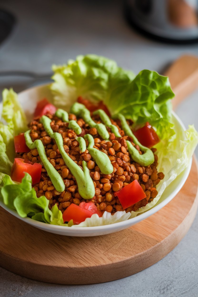 Indoor photo of crisp butter lettuce leaves filled with spiced lentil-walnut mixture, diced tomatoes, and avocado crema drizzle. No text or logos.