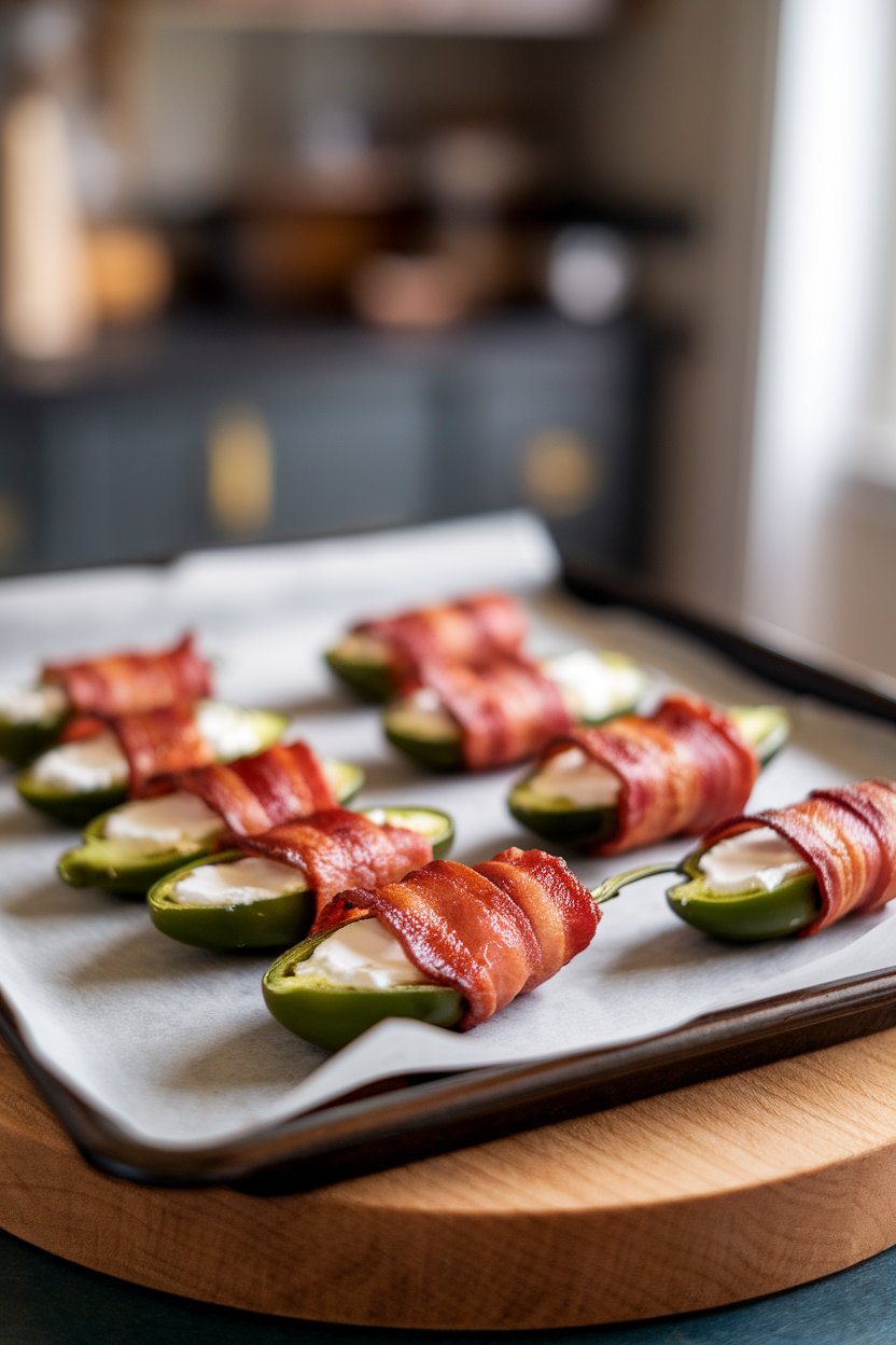 Indoor photo of bacon-wrapped jalapeño halves oozing melted cream cheese on a parchment-lined baking sheet. No text or logos present.