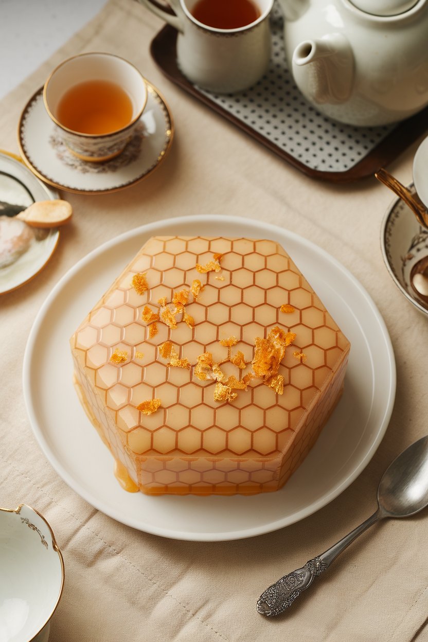 An indoor tea-time setting with a honeycomb-patterned hexagon cake glazed lightly in honey and garnished with edible gold flakes—no text or logos.