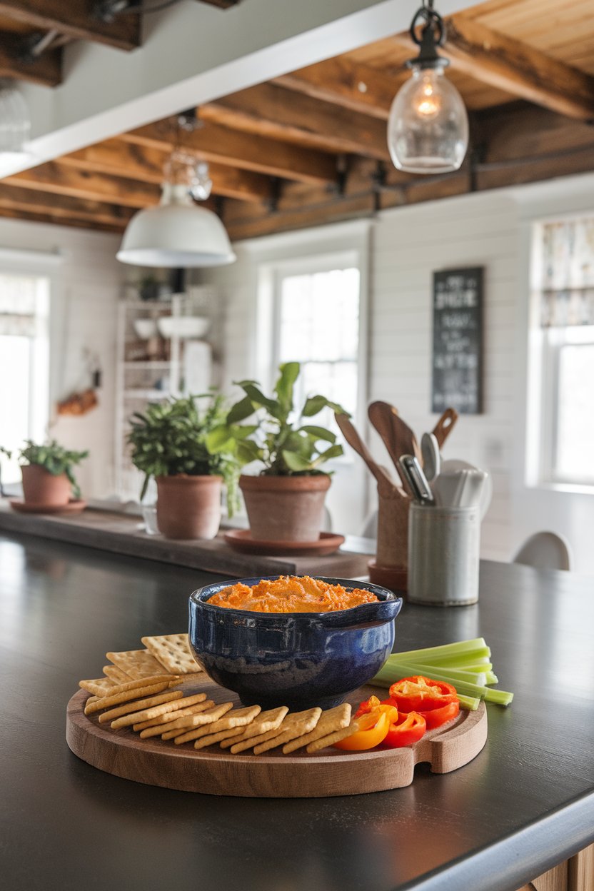 An indoor kitchen island covered with a ceramic bowl of pimento cheese surrounded by butter crackers, celery sticks, and mini bell pepper halves for scooping. No logos present.