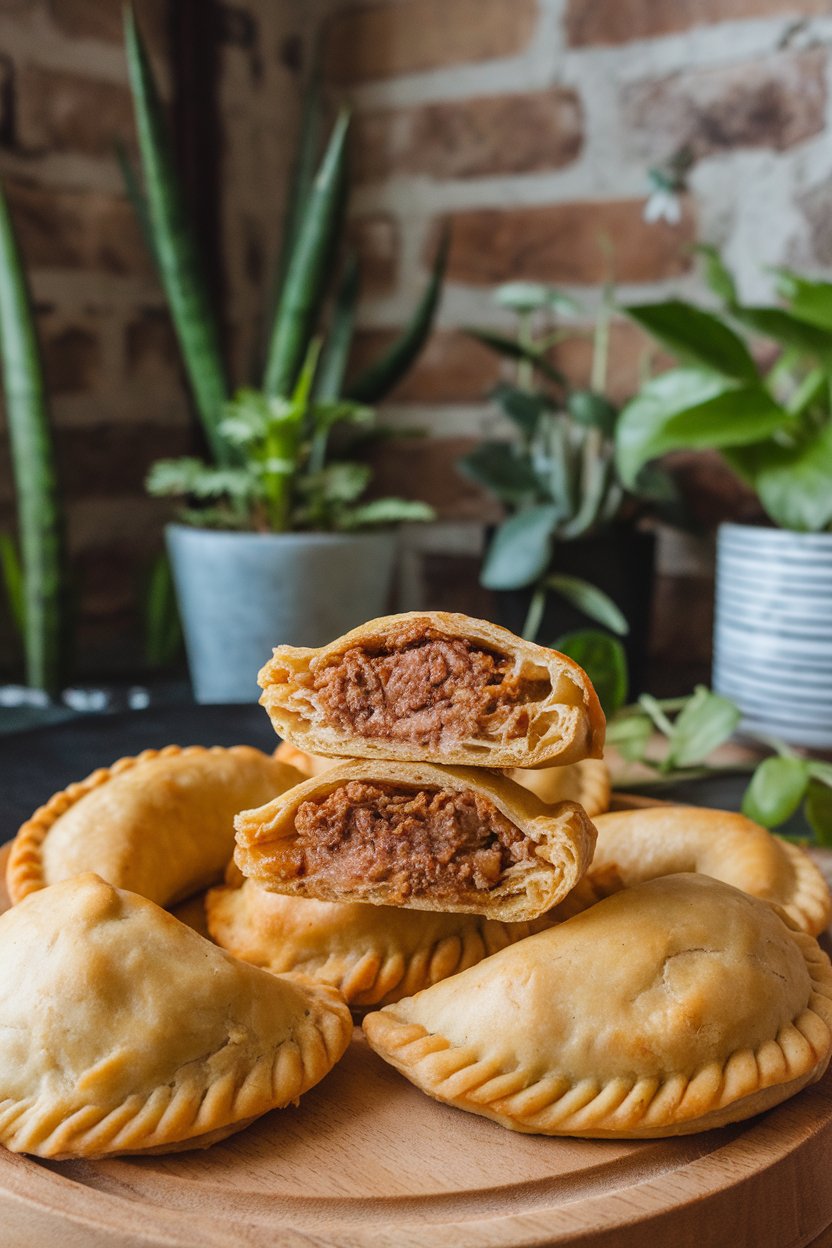 Indoor photo of half-moon beef empanadas cut open to reveal seasoned filling, served on a wooden board. No text or logos.