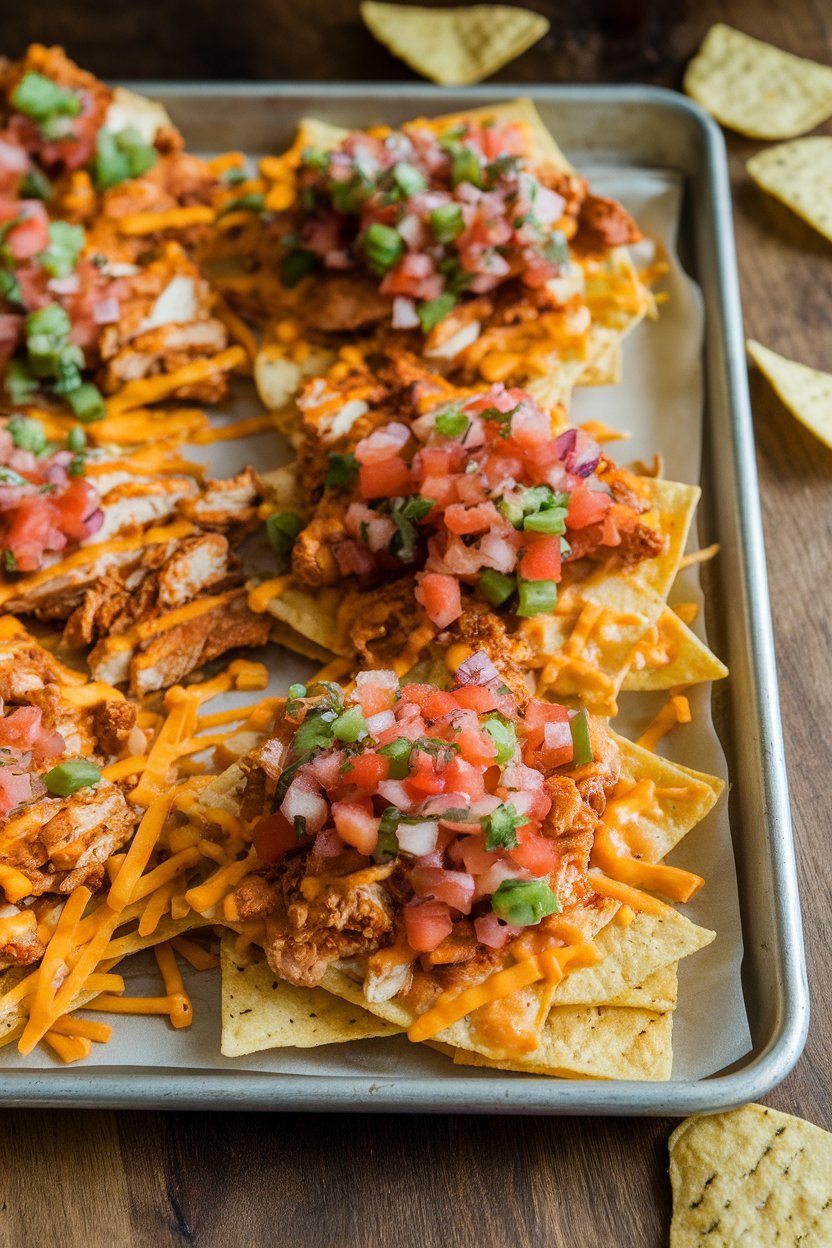 Sheet pan indoors with nachos topped with chipotle chicken, smoky cheddar, and pico de gallo; no text or logos, photo not illustration.