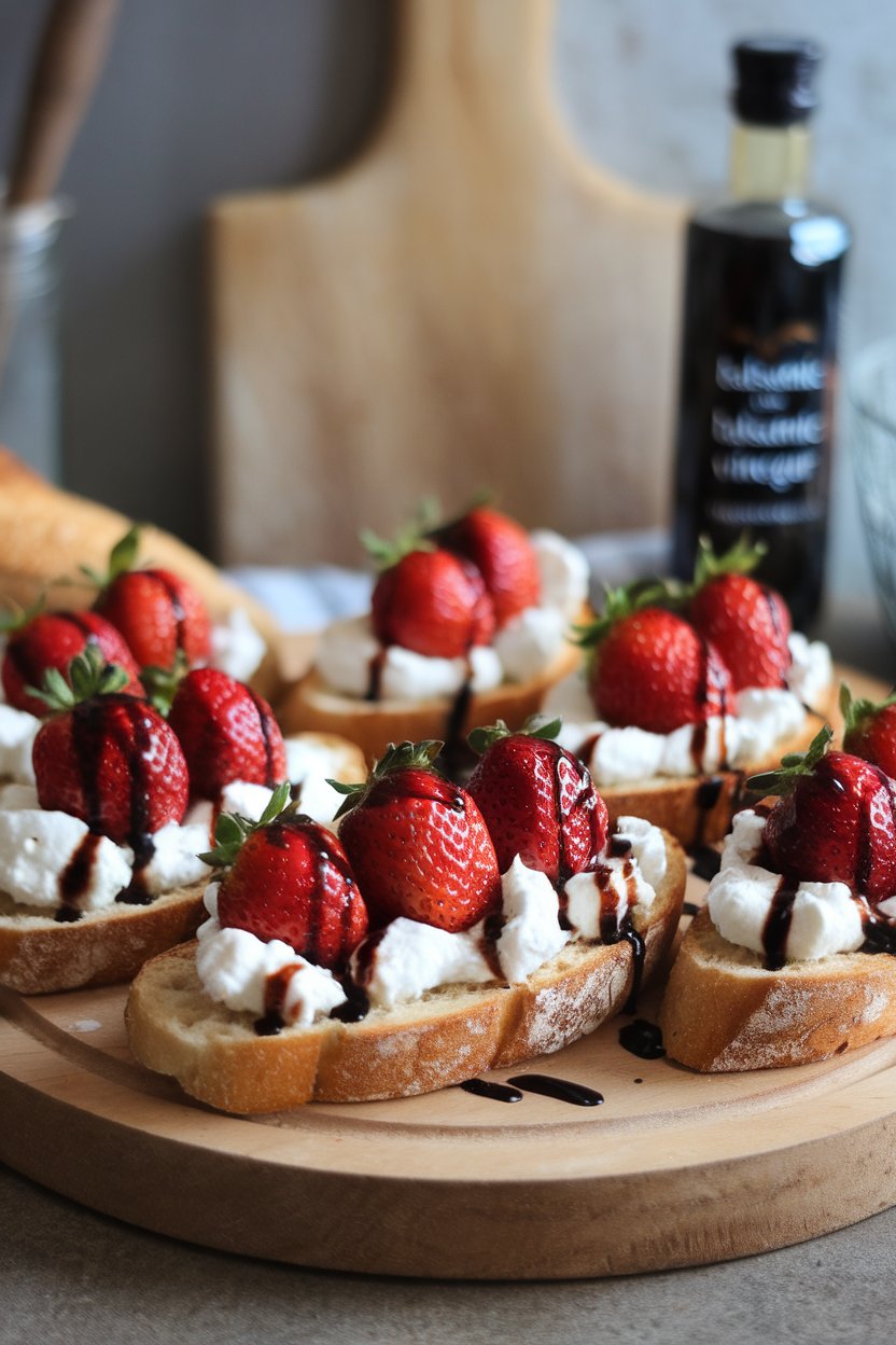 Photo of toasted baguette slices topped with whipped ricotta and balsamic-glazed strawberries, on an indoor platter. No text or logos.
