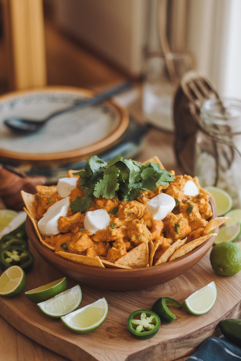 Warm indoor scene of nachos covered in coconut curry chicken, mozzarella, and cilantro; no text or logos, photo not illustration.
