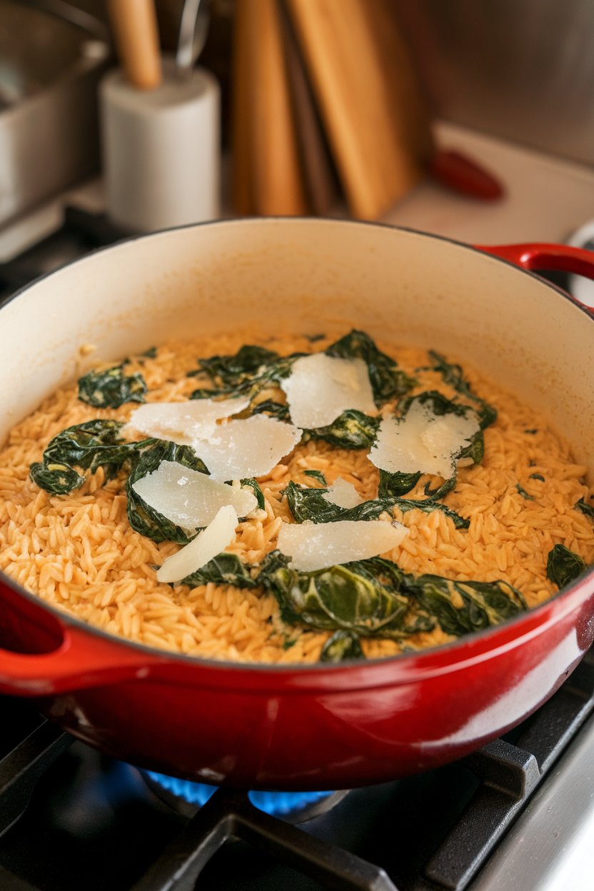An indoor stovetop shot of a Dutch oven filled with creamy orzo studded with wilted spinach and Parmesan shavings. No text or logos. Photo, not illustration.