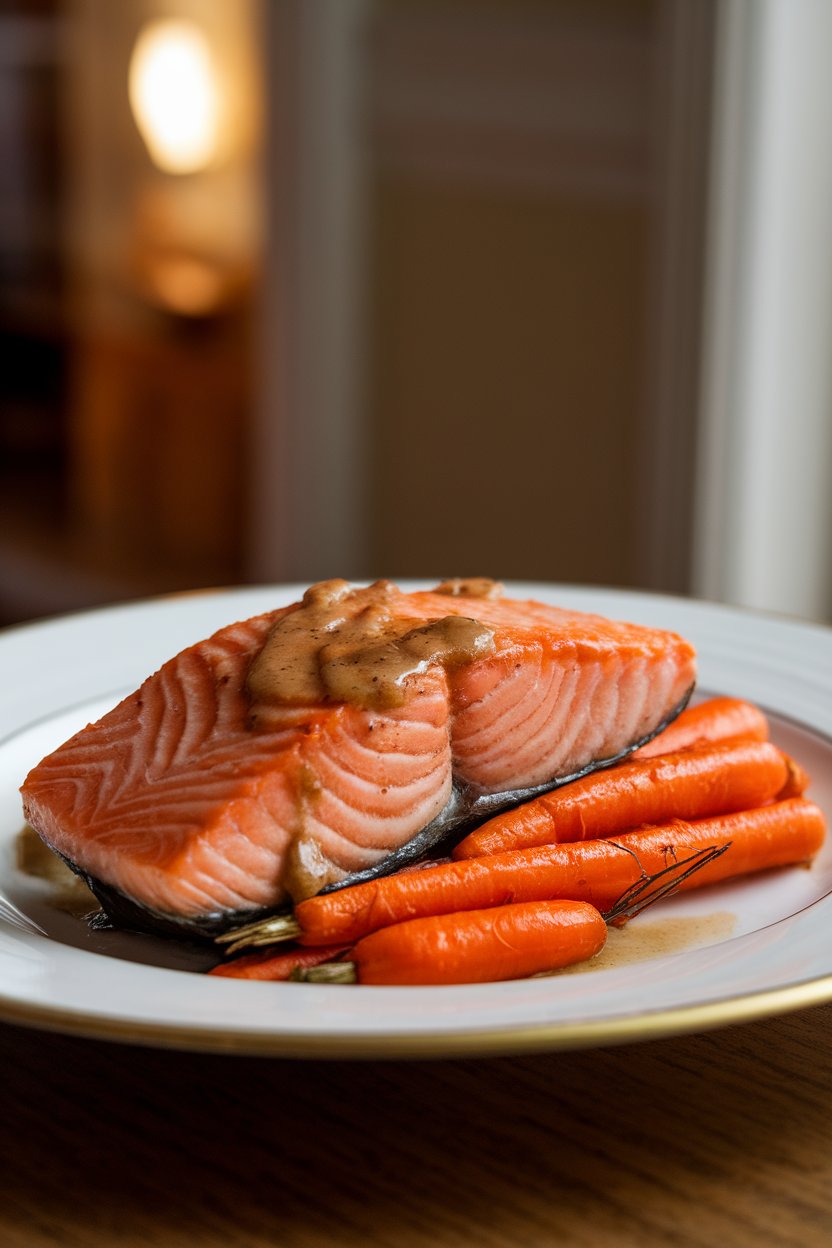 Photo of a fillet of cooked salmon brushed with maple Dijon glaze, plated with roasted carrots, indoor dining-room lighting. No text or logos.