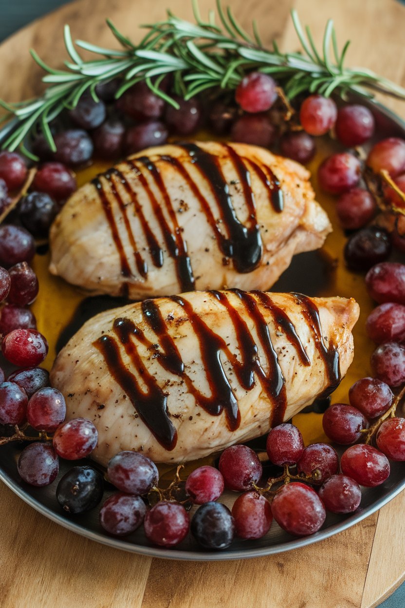 Indoor photo of chicken breasts drizzled with balsamic reduction, surrounded by roasted red grapes and rosemary sprigs on a platter. No text or logos.