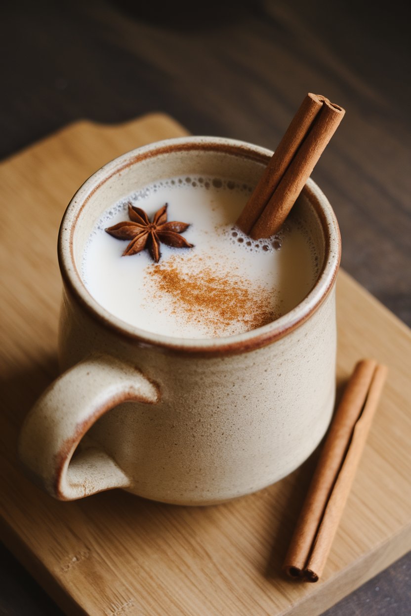 Indoor nighttime scene with a ceramic mug of warm spiced milk, dusting of cinnamon on froth, no logos.