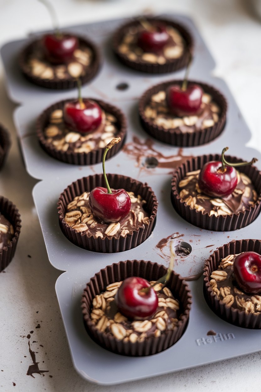 Indoor silicone molds containing dark chocolate oatmeal cups topped with cherries, no text or logos.