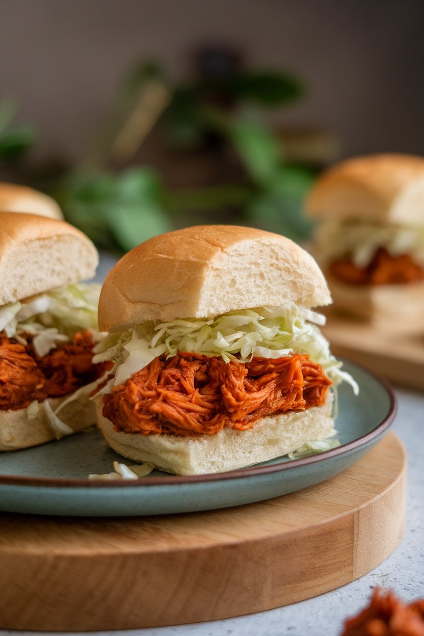 Indoor photo of vegan sliders featuring saucy pulled jackfruit on mini buns with cabbage slaw. No logos or text visible.