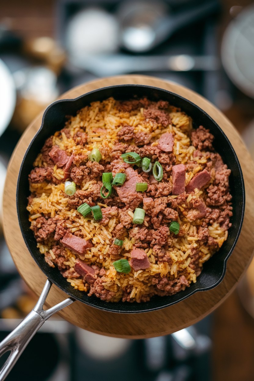 Overhead shot indoors of a skillet filled with dirty rice flecked with ground meat, liver bits, and green onions. Photo, no text or logos.