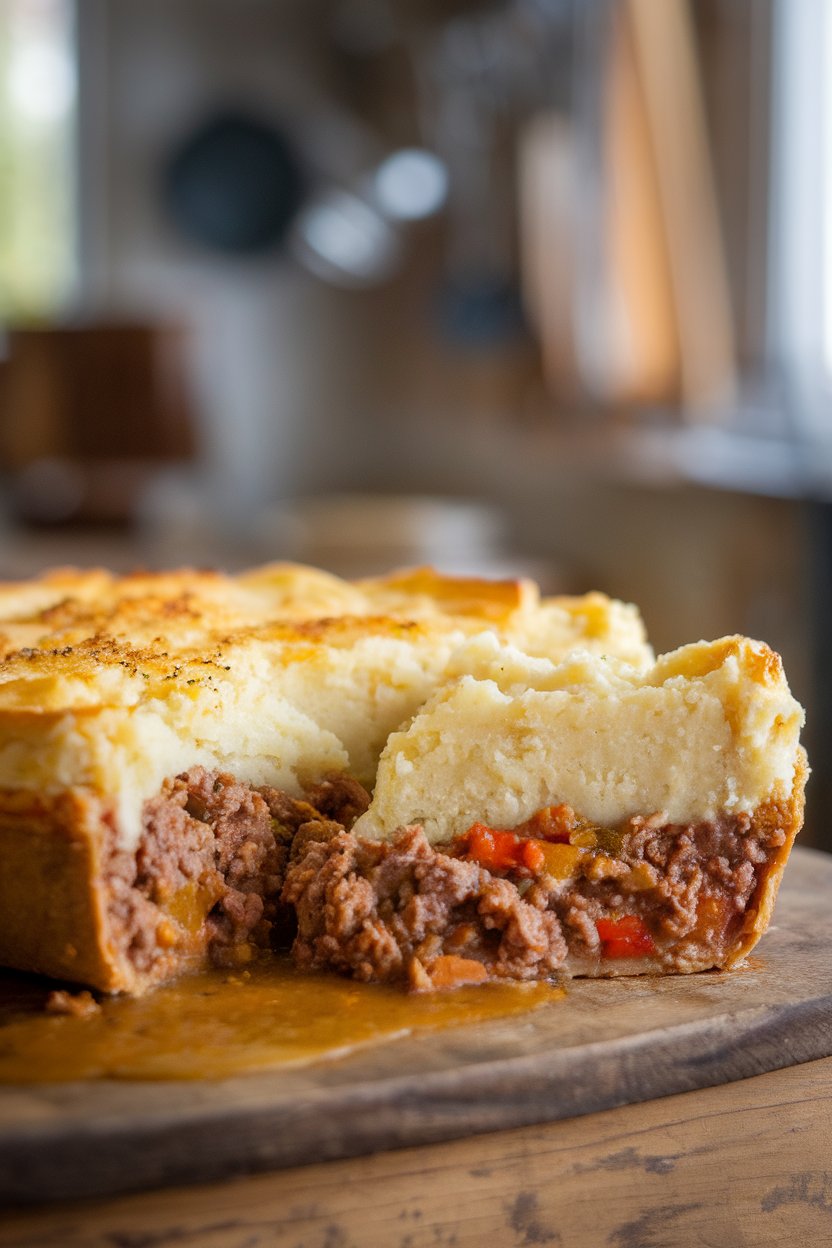Indoor kitchen table showcasing a sliced shepherd’s pie with fluffy mashed potato topping lightly browned. No text or logos.