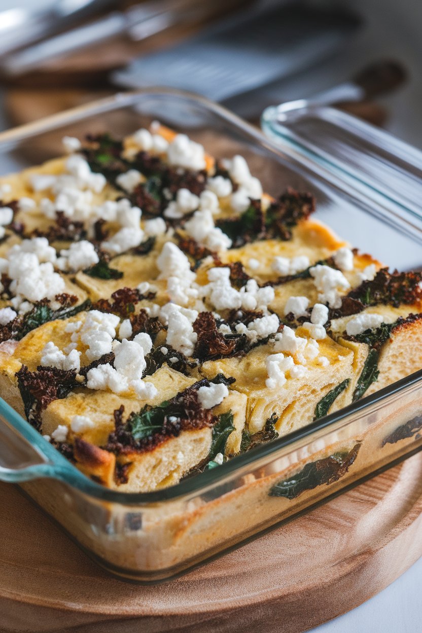 Indoor baking dish with bread-based strata cut into squares, kale ribbons and goat cheese visible, no branding.
