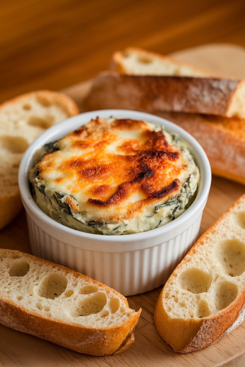 Indoor close-up of a bubbling ramekin of creamy spinach-artichoke dip, cheese browned on top, with toasted baguette slices arranged alongside. No text or logos.