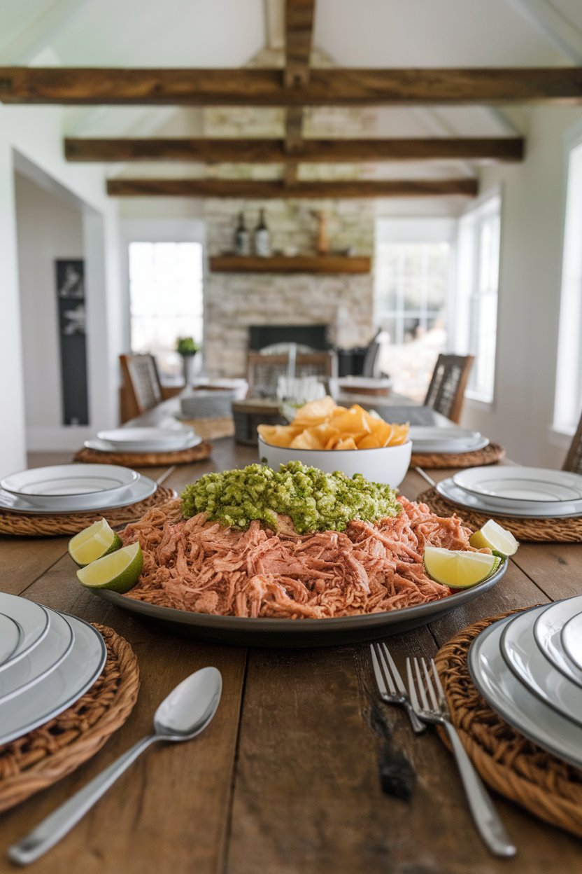 An indoor farmhouse-style table featuring a platter of shredded pork coated in green salsa, lime wedges on the side; no text or logos; photo only.