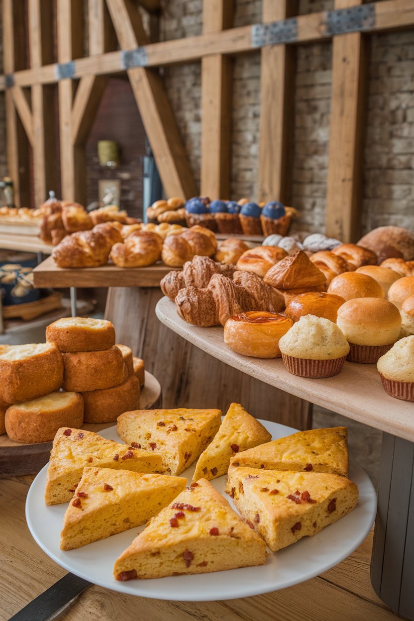 Indoor bakery scene with triangular savory scones flecked with cheddar and bacon bits, no logos.