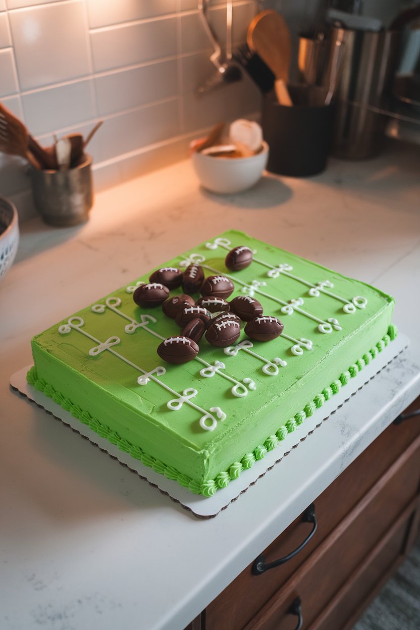 An indoor kitchen island with a rectangular sheet cake iced bright green, white yard lines piped neatly, and small chocolate footballs scattered on top—soft overhead lighting, no text or logos anywhere in the scene, photo not illustration.