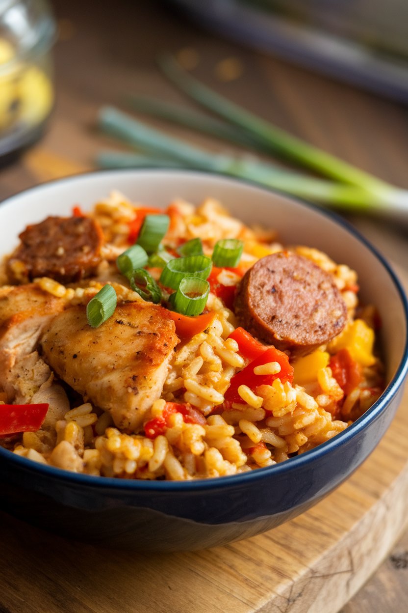 Indoor bowl of colorful jambalaya featuring chicken, sausage slices, rice, and peppers. Photo only.