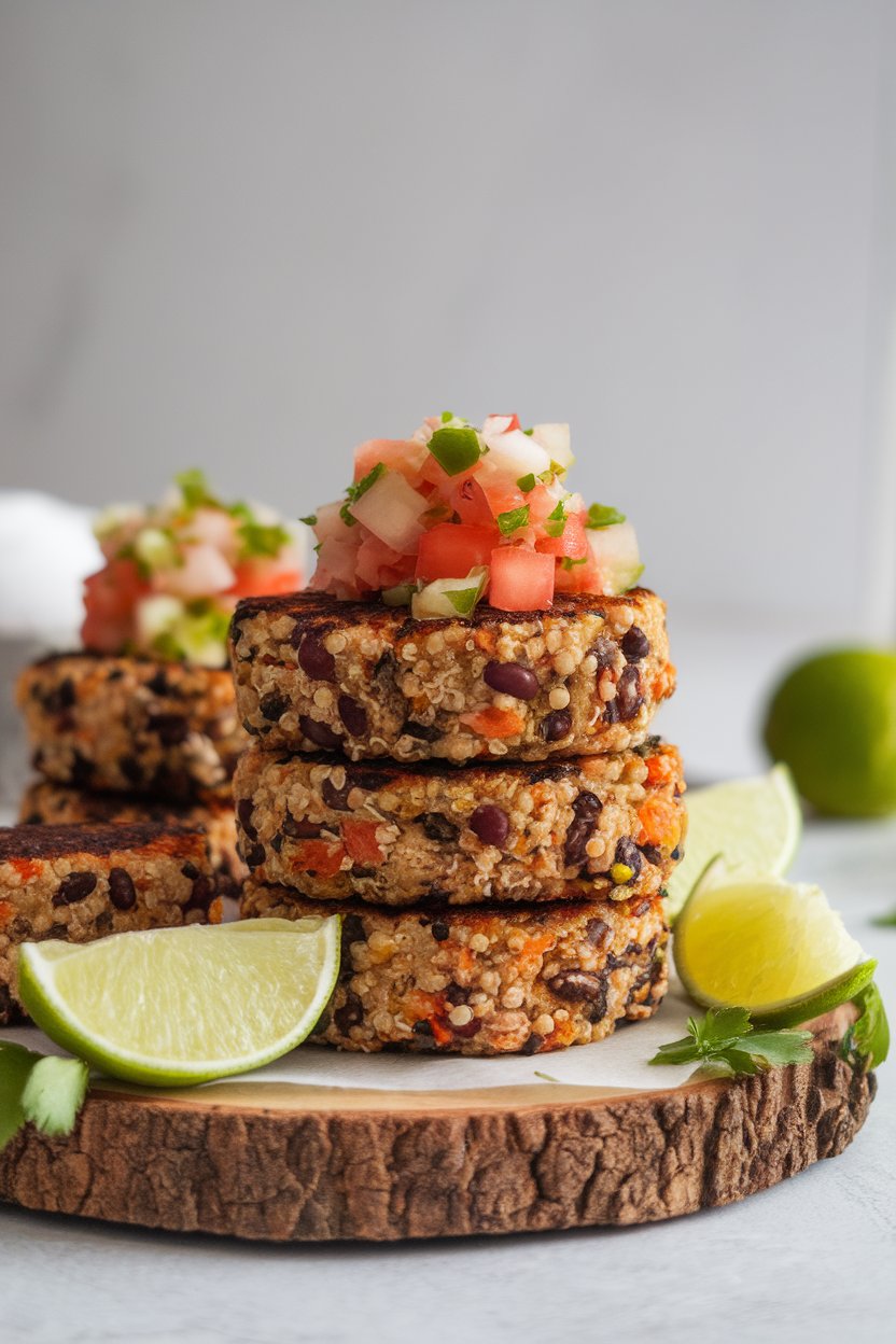 Indoor photo of bite-size quinoa and black-bean patties stacked on a small wooden board, garnished with pico de gallo and lime wedges. No text or logos present.