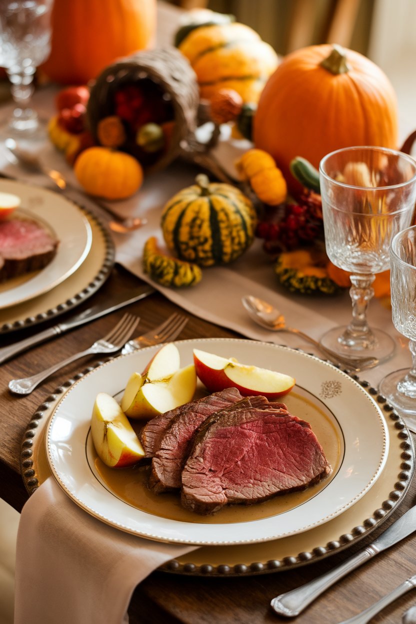 Indoor autumn table with beef slices and apple wedges bathed in light brown cider gravy. No logos, no text.