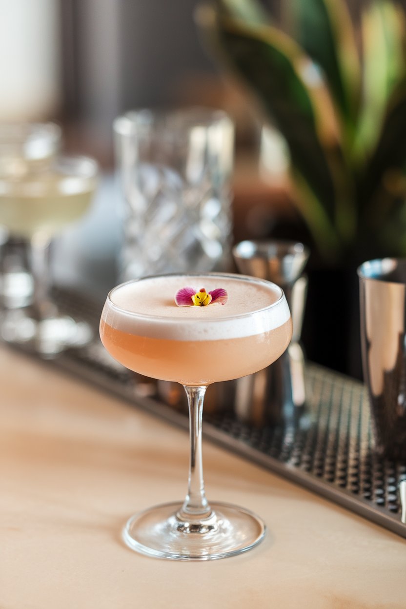 Indoor cocktail bar with a coupe holding pale peach foamy drink, edible flower floating, no text or logos, photo