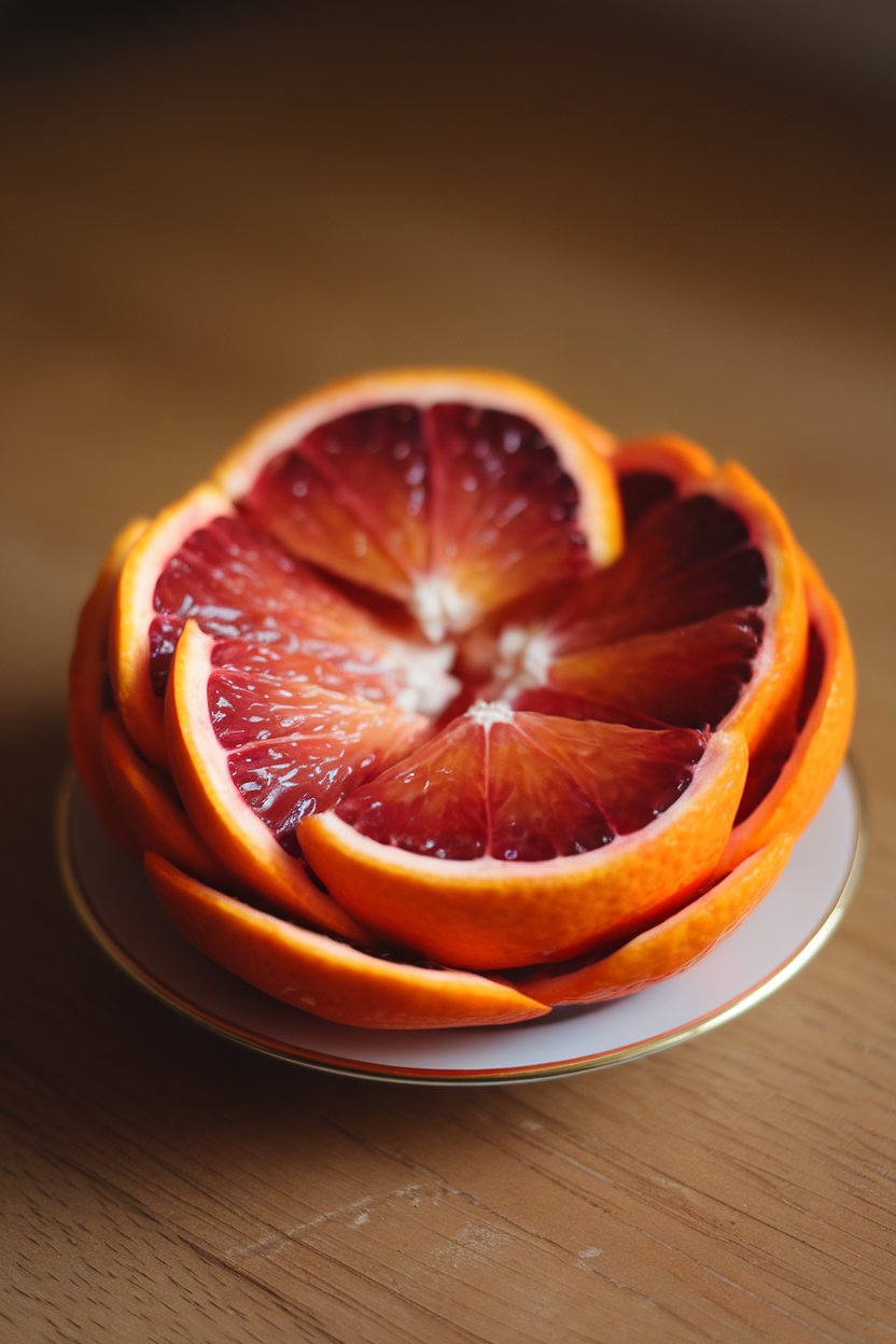 Indoor close-up of vivid blood orange wedges arranged like a blooming flower on a small plate. Photo, no text or logos.