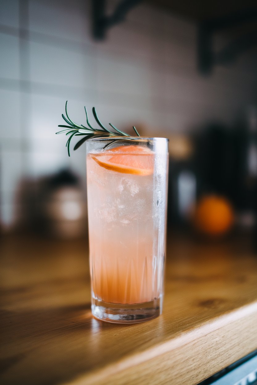Photo of a highball glass indoors, filled with pale pink grapefruit cocktail, rosemary sprig garnish; no text or logos.