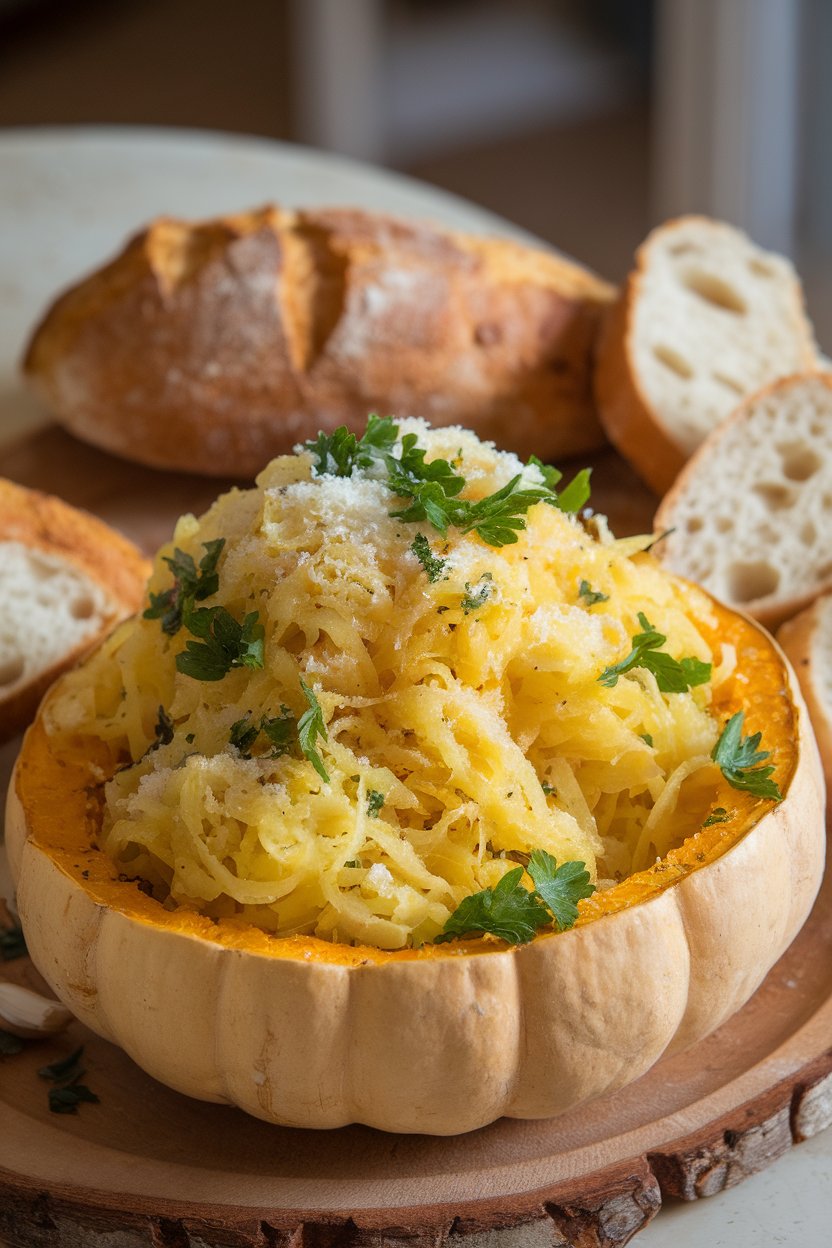 Indoor serving platter of spaghetti squash strands tossed with garlic, parsley, and grated Parmesan. No text or logos present.