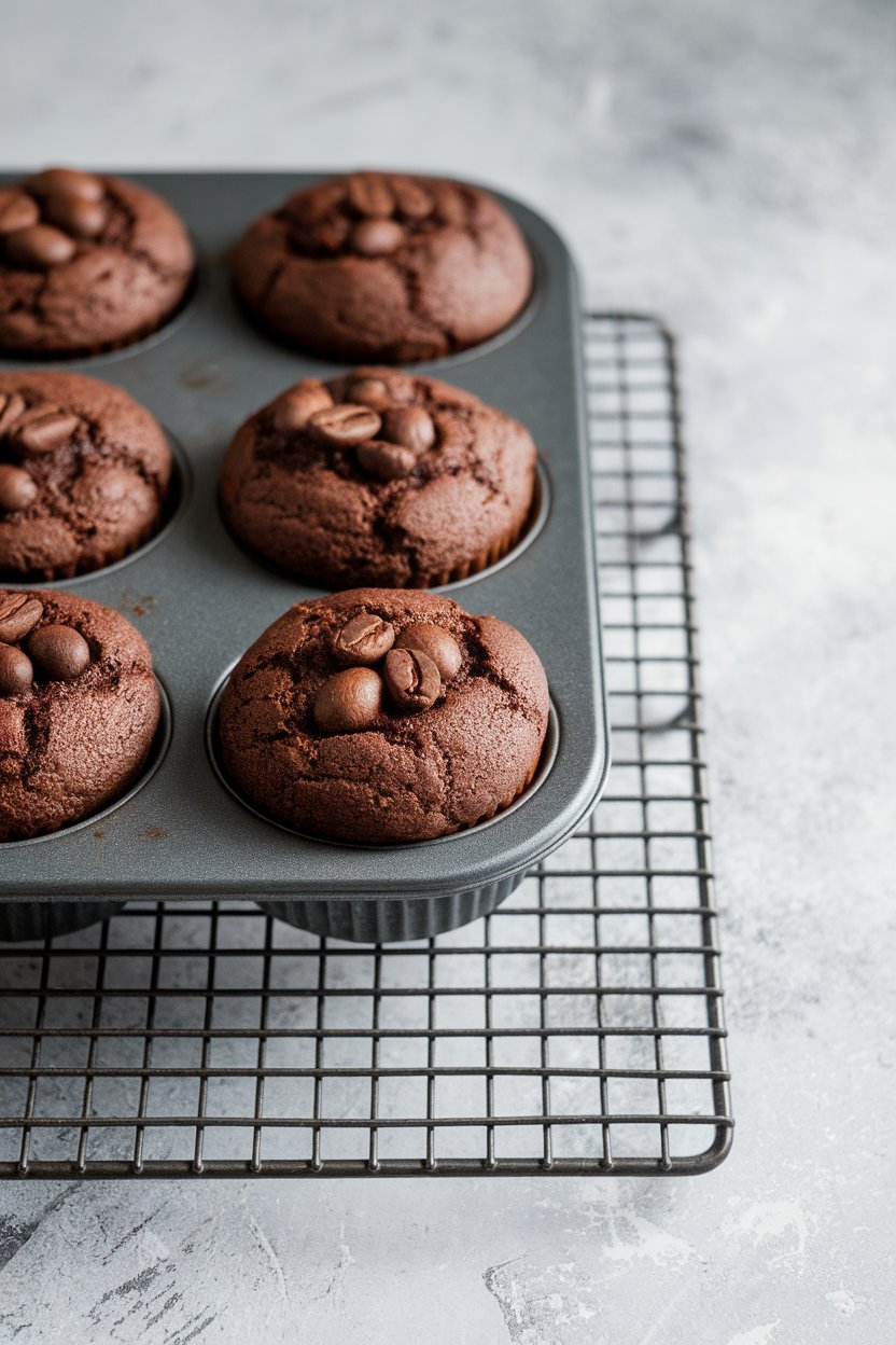 Indoor photo of chocolate-coffee muffins with espresso bean garnish cooling on a wire rack, no text or logos