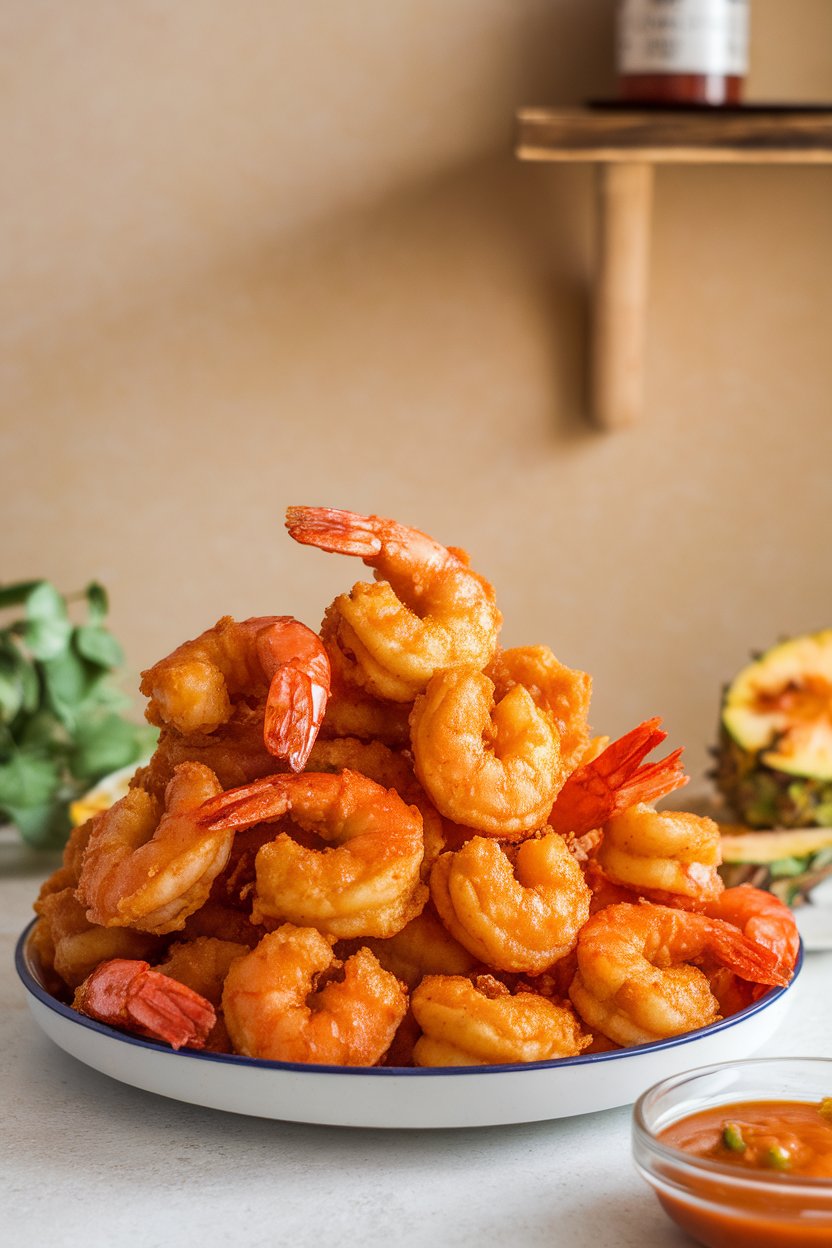 Indoor photo of a white plate piled with golden air-fried coconut shrimp (fully cooked), accompanied by a small bowl of pineapple chili sauce. No text or logos in the scene.