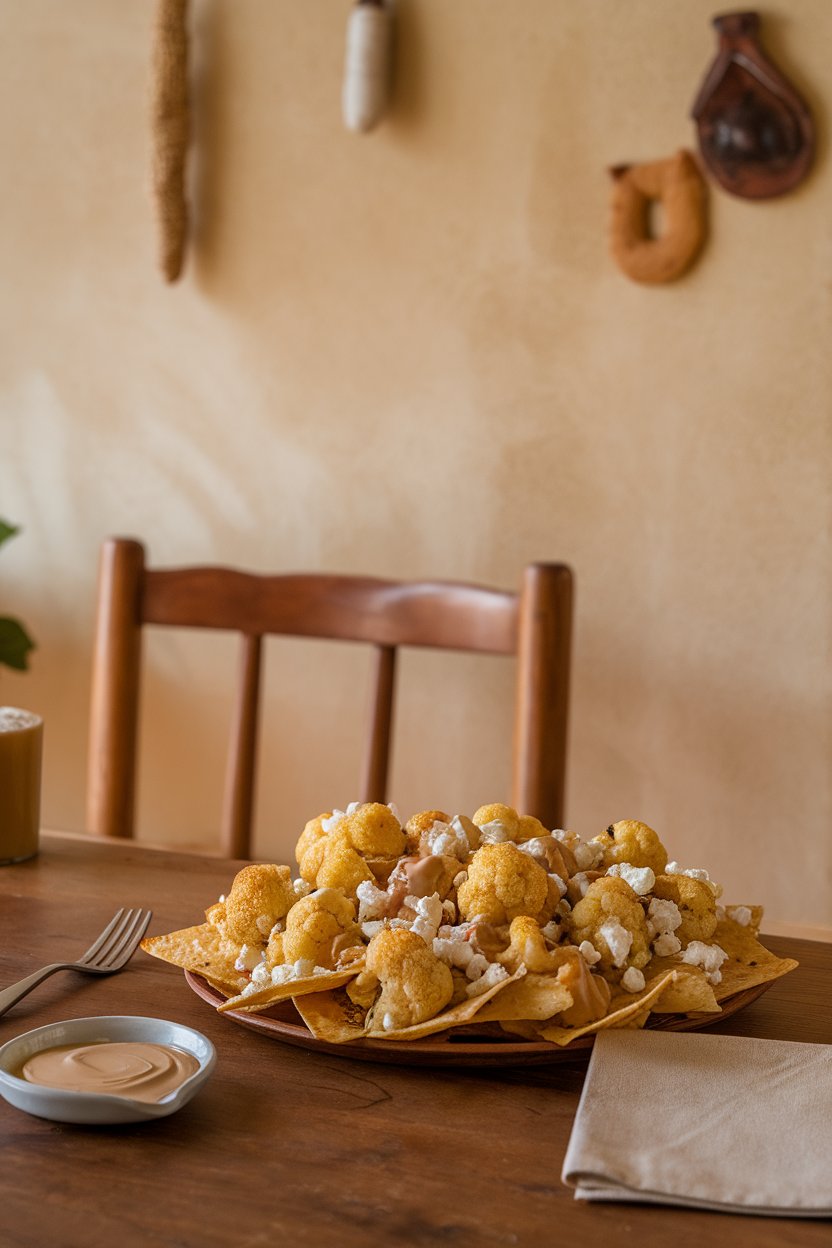 Warm indoor setting of nachos covered with roasted cauliflower florets, feta, and tahini drizzle; no text or logos, photo not illustration.