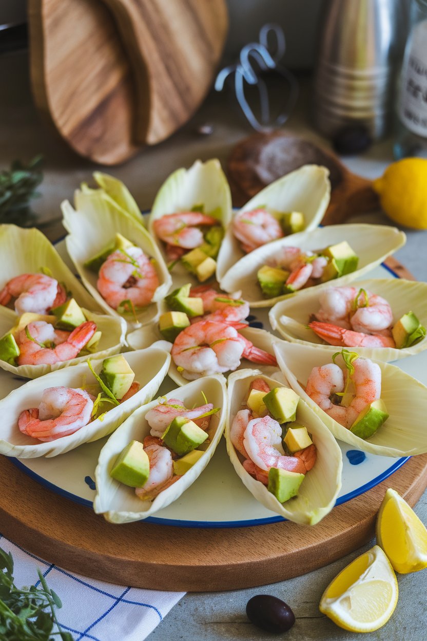 An indoor platter of endive leaves filled with chopped cooked shrimp, diced avocado, and lime zest; no logos or text anywhere in scene.